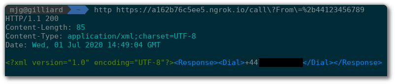 Screenshot of an HTTP call to the ngrok URL showing TwiML in the response
