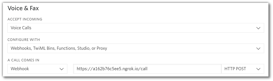 Screenshot of the Twilio number config screen showing the webhook config.