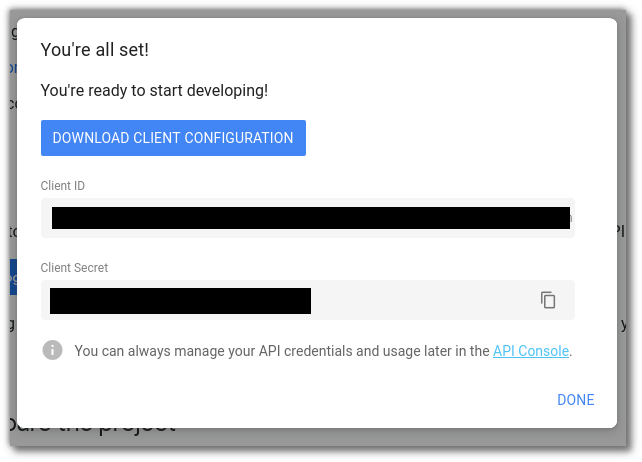 Screenshot of the Google API Auth dialog with "Download Client Configuration" highlighted