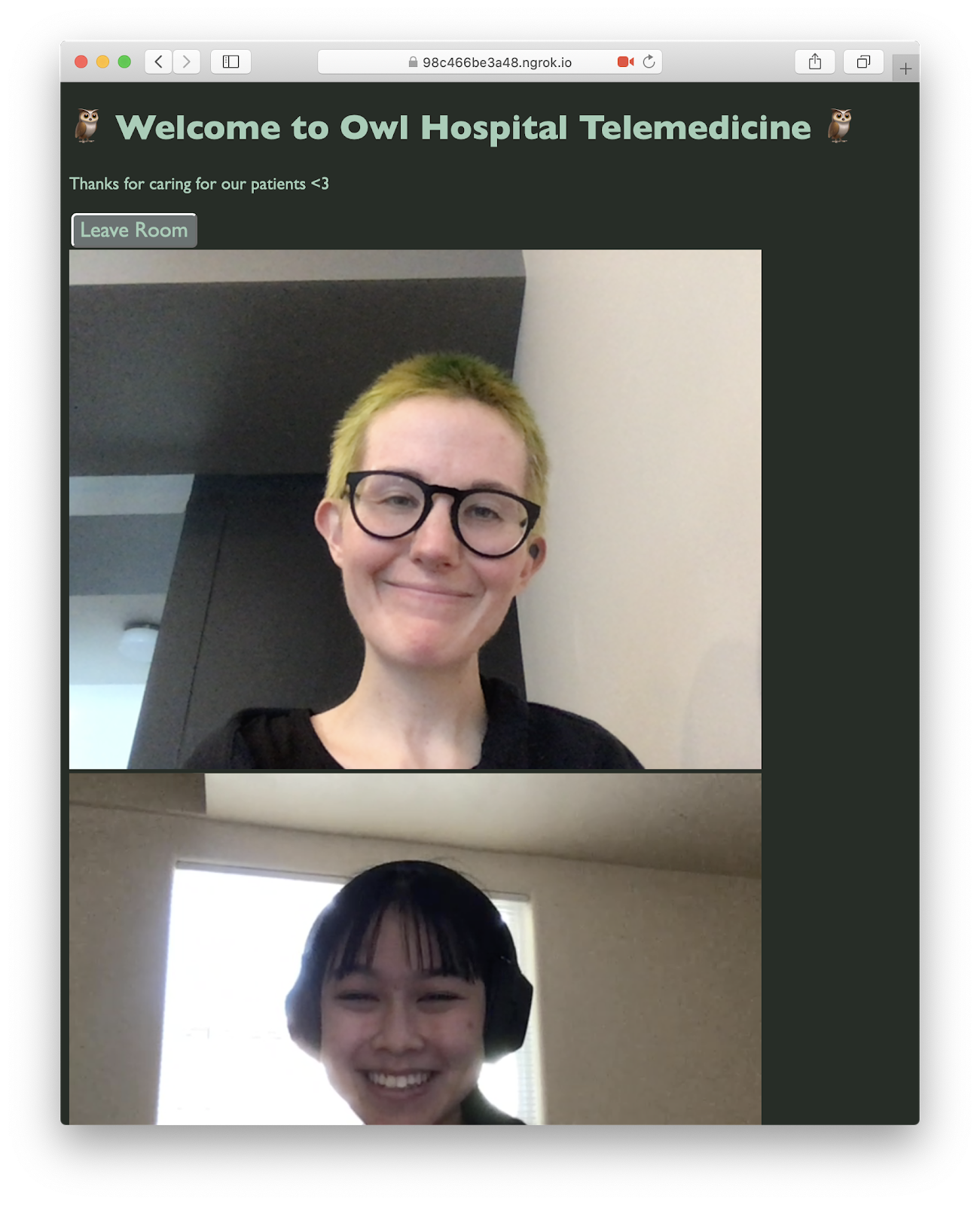 Screenshot of a telemedicine app. The text says "Welcome to Owl Hospital Telemedicine" and there are 2 smiling, real live people video chatting.