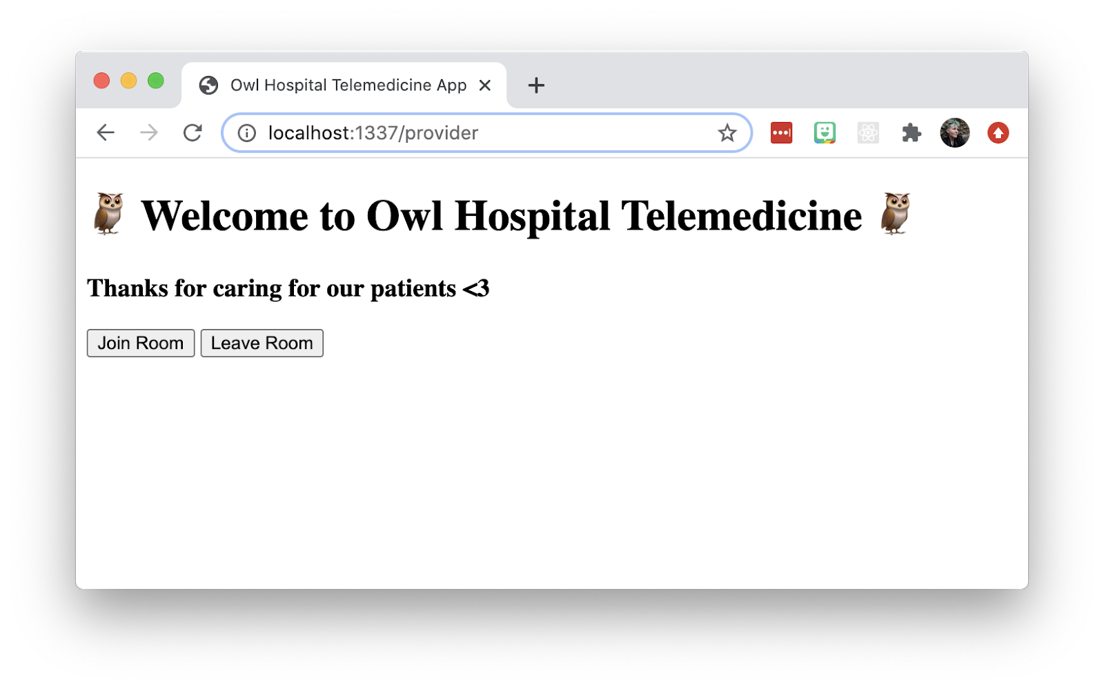 Screenshot of the front end of a telemedicine app. Large text says "Welcome to Owl Hospital Telemedicine." Small text says "Thanks for caring for our patients <3". There are 2 buttons, "Join Room" and "Leave Room". Page has no styling.