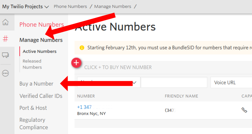 twilio phone numbers page