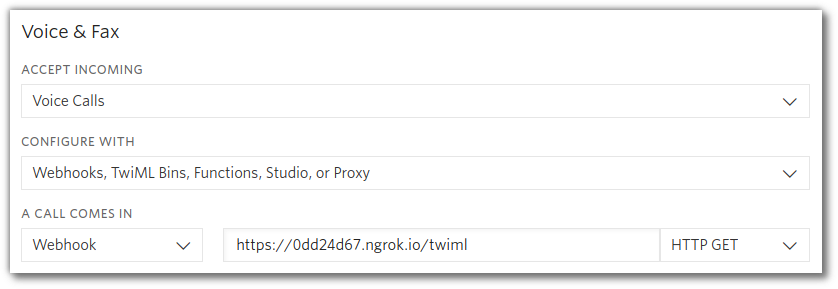 Screenshot of Twilio console configuring incoming calls