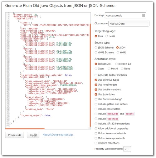 Capture d'écran - options à sélectionner dans JsonSchema2Pojo