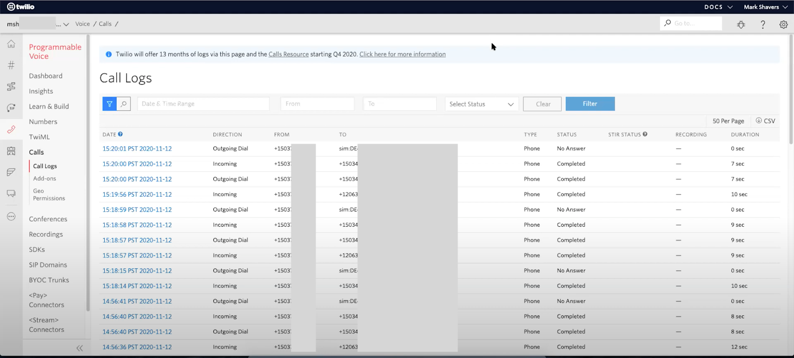 Twilio call log example screenshot
