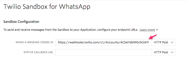Configuración del webhook del sandbox de WhatsApp
