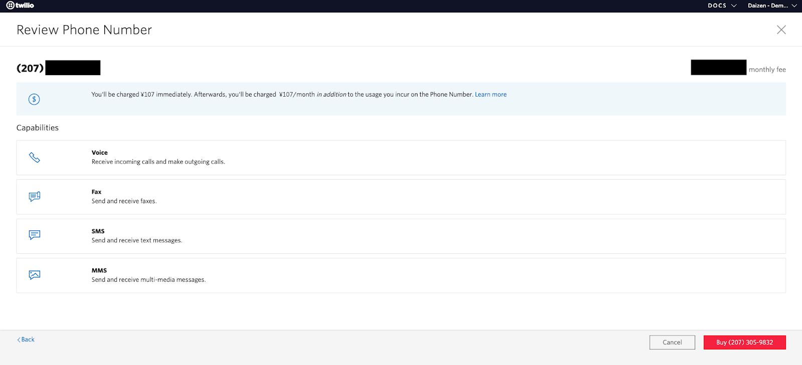Twilio Console Purchase Phone Number - Confirmation