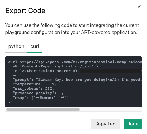 Export code panel