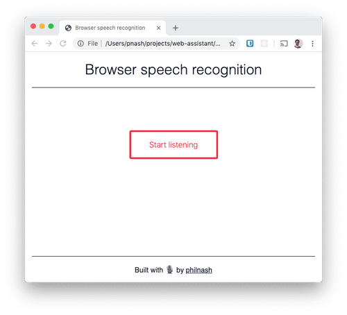 Ein Browserfenster mit der Überschrift „Browser-Spracherkennung“ und einer Schaltfläche „Bereit zum Zuhören“.