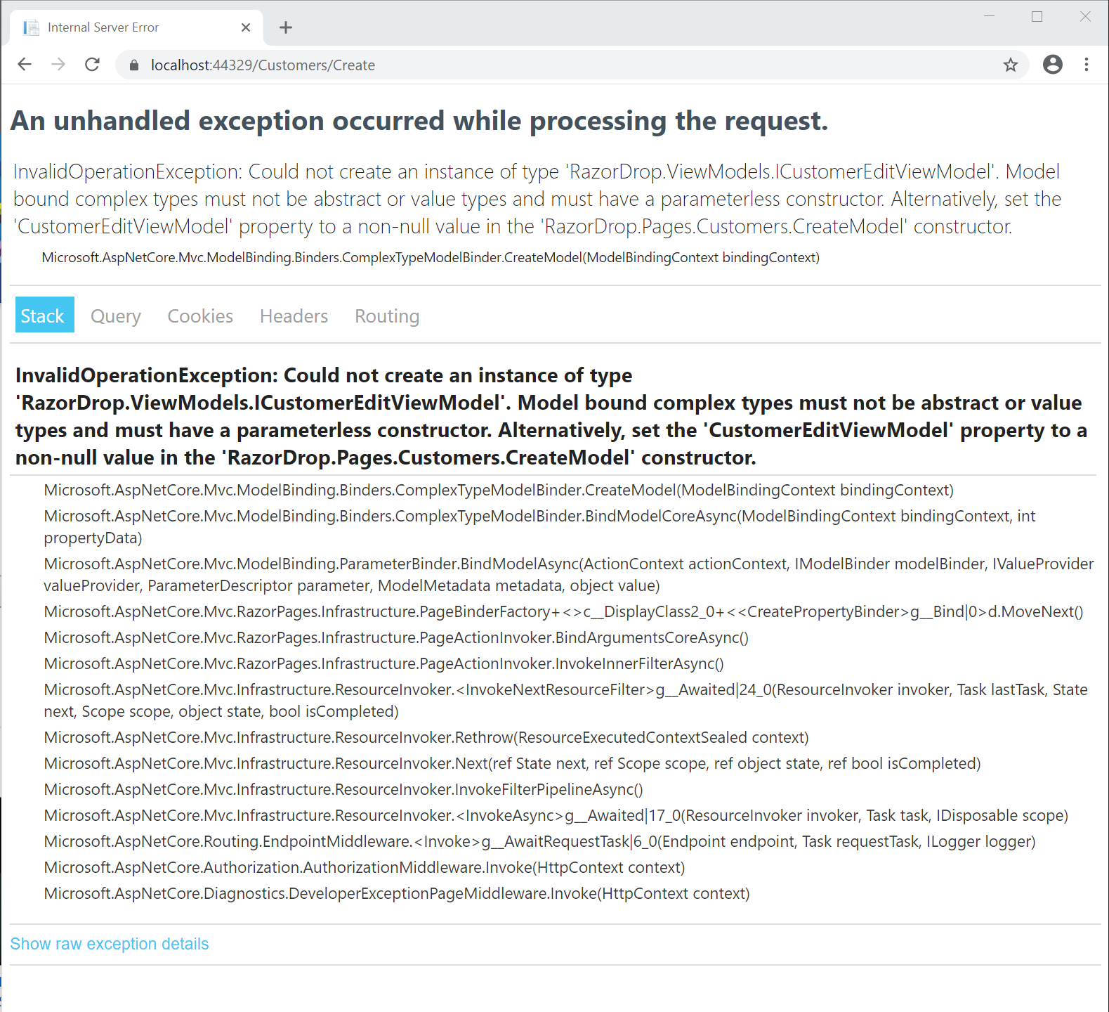 Google Chrome screenshot of ASP.NET Core error message