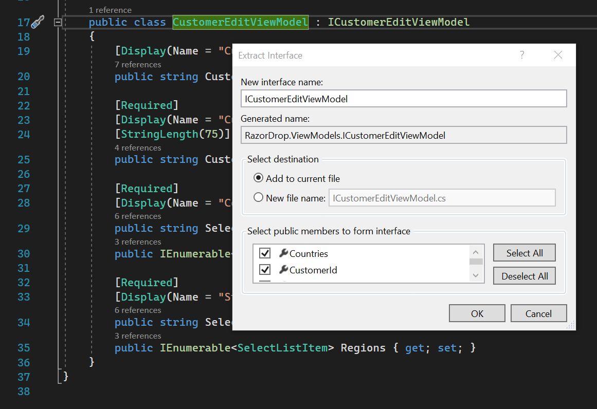 Visual Studio 2019 Extract Interface screenshot