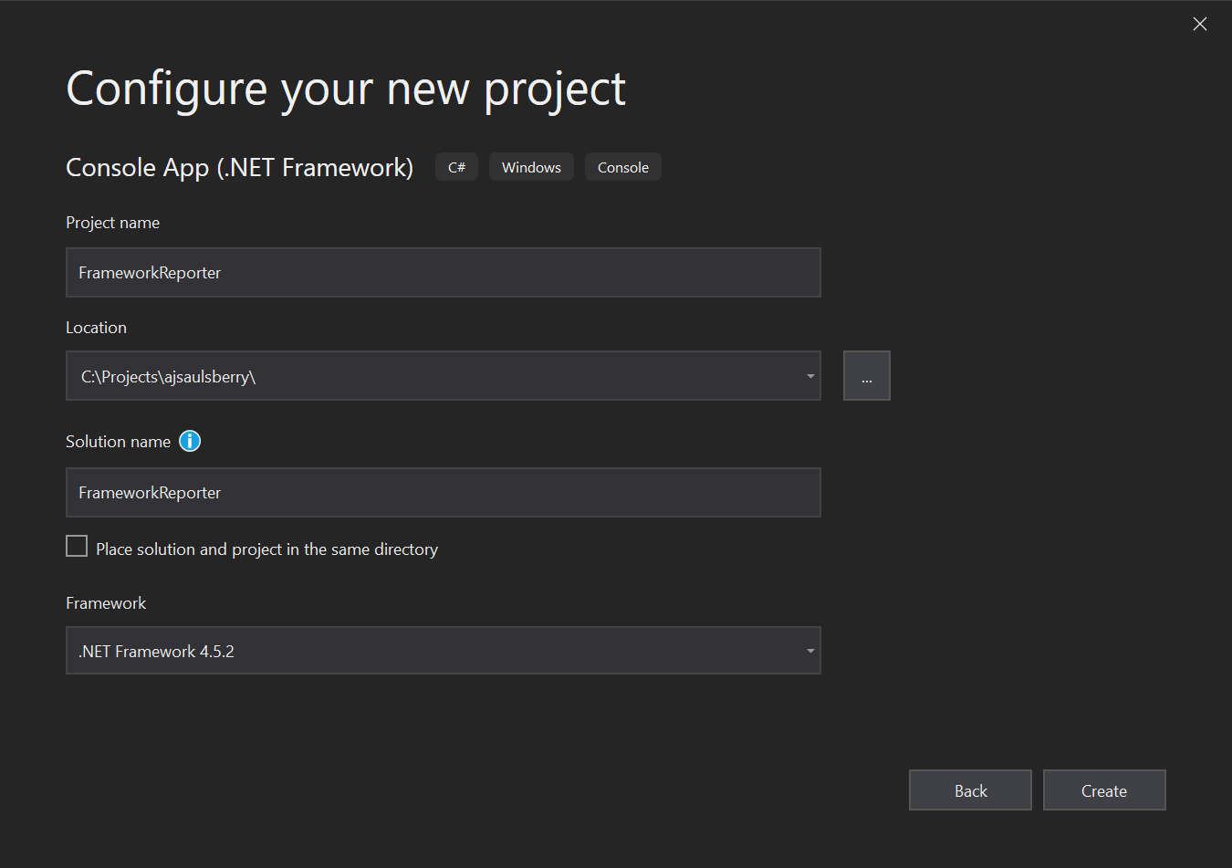 Visual Studio 2019 Configure your project dialog box