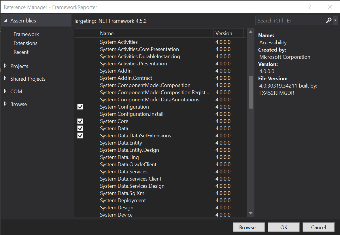 Visual Studio 2019 Reference Manager dialog box