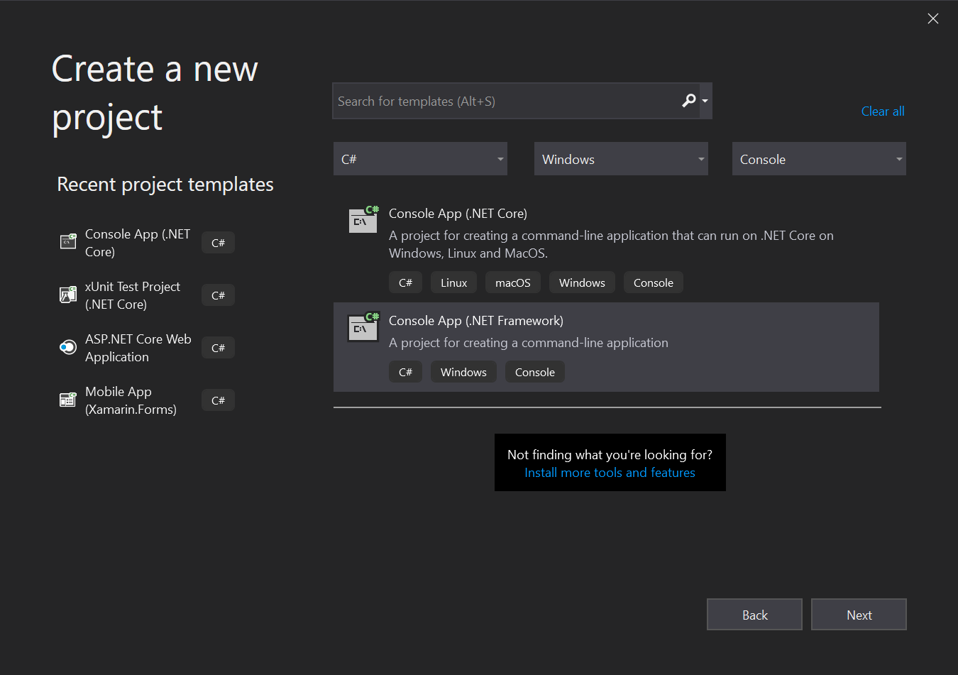 Visual Studio 2019 Create a new project dialog box