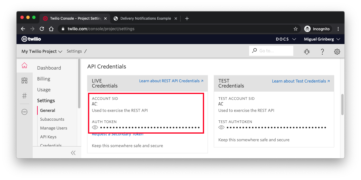 twilio account sid and auth token