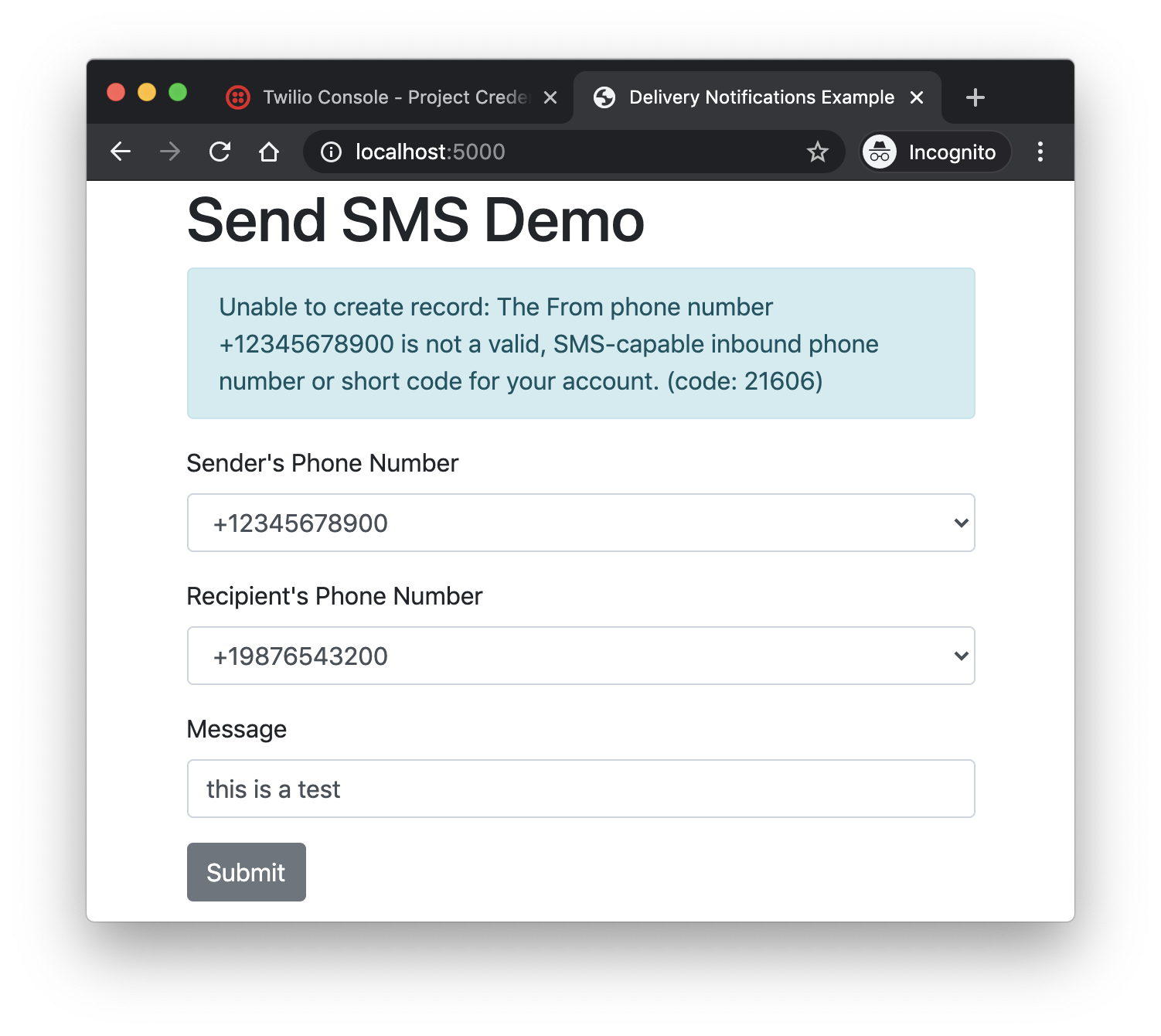 send sms example with error