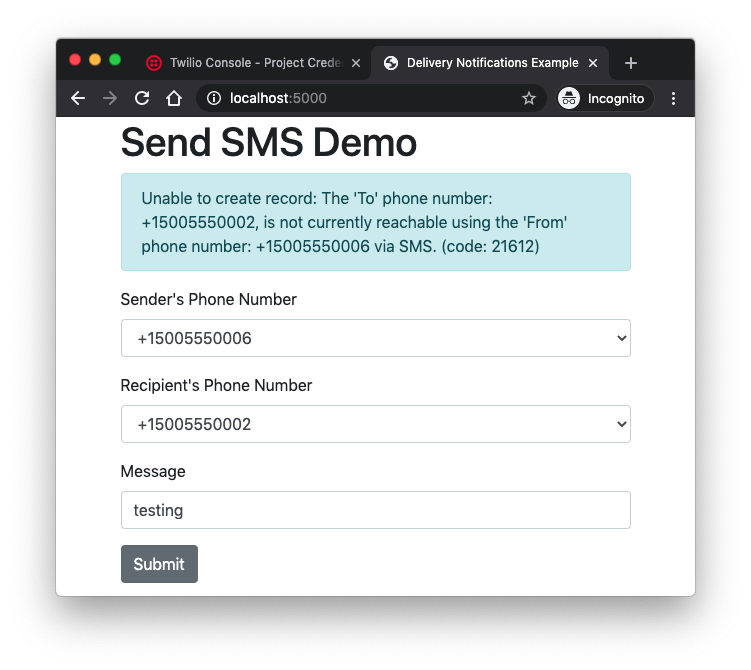 failed send sms example with test credentials