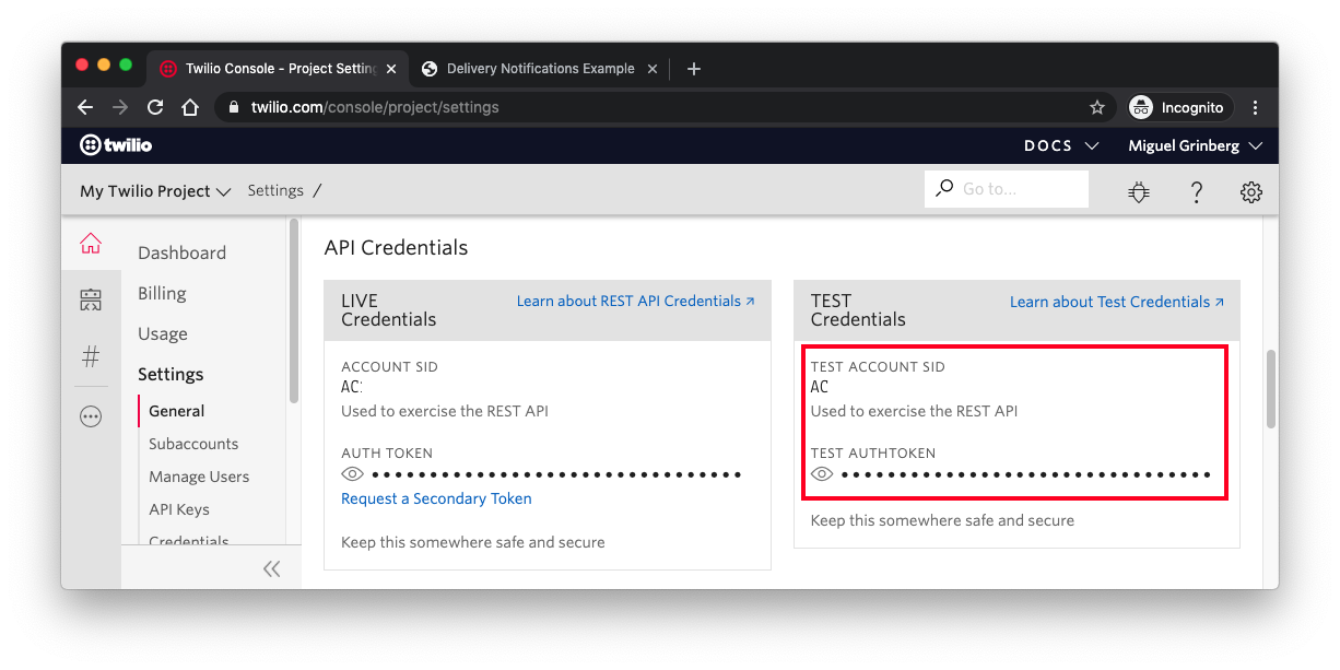 twilio test credentials