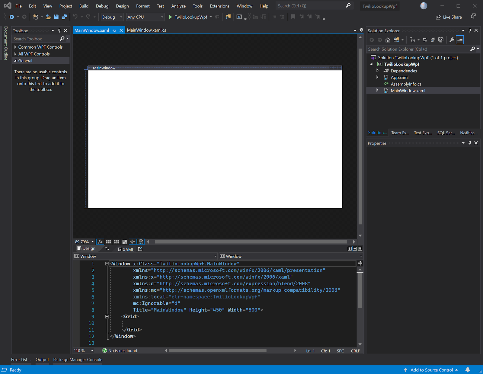 Visual Studio 2019 WPF appllication screenshot