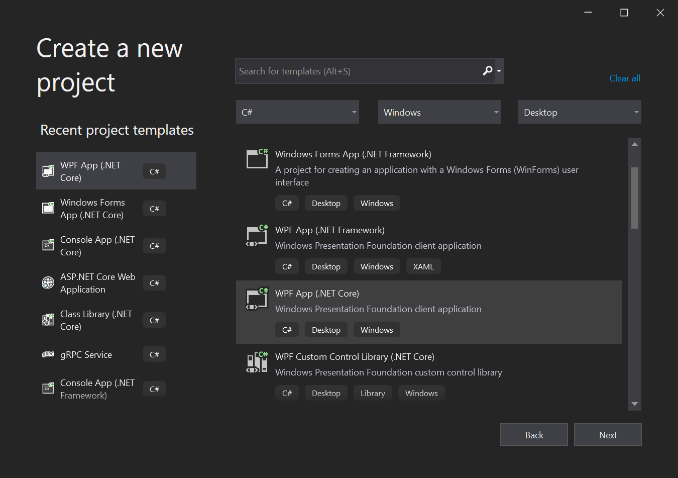 Visual Studio 2019 Create a new project wizard screenshot