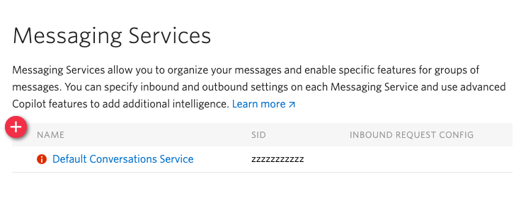 Screenshot of the Messaging Services dashboard. There is a "Default Conversations Service" configuration link which is where we need to navigate to.