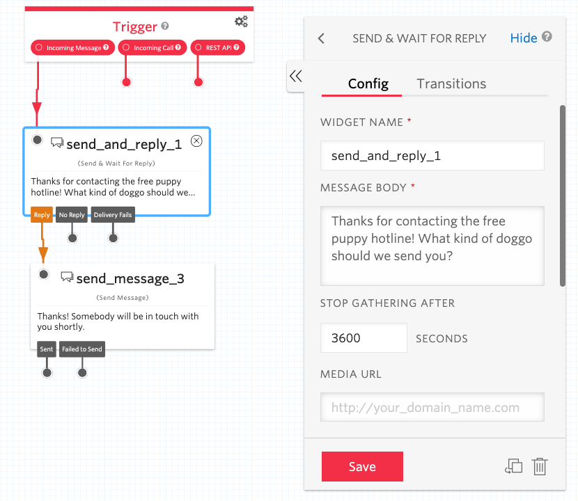 Screenshot of a Twilio Studio flow. The first widget is "Send & Wait For Reply" with the text "Thanks for contacting the free puppy hotline! What kind of doggo should we send you?" When a reply is sent, a "Send Message" widget is triggered with the reply text "Thanks! Somebody will be in touch with you shortly."