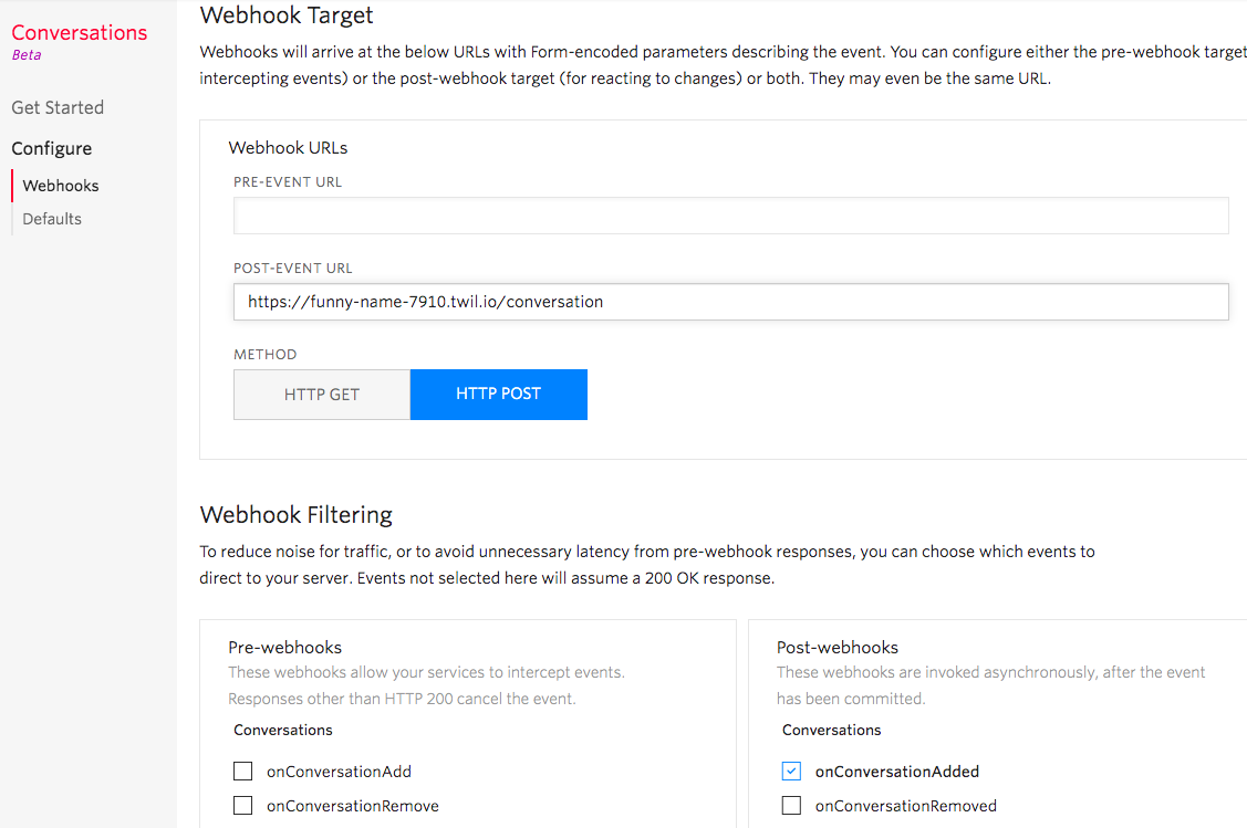 Screenshot of the Conversations webhook config page. The URL of the Twilio Function we just created needs to go in the "Post-event URL" field. Under "Post-webhooks", "onConversationAdded" needs to be checked.