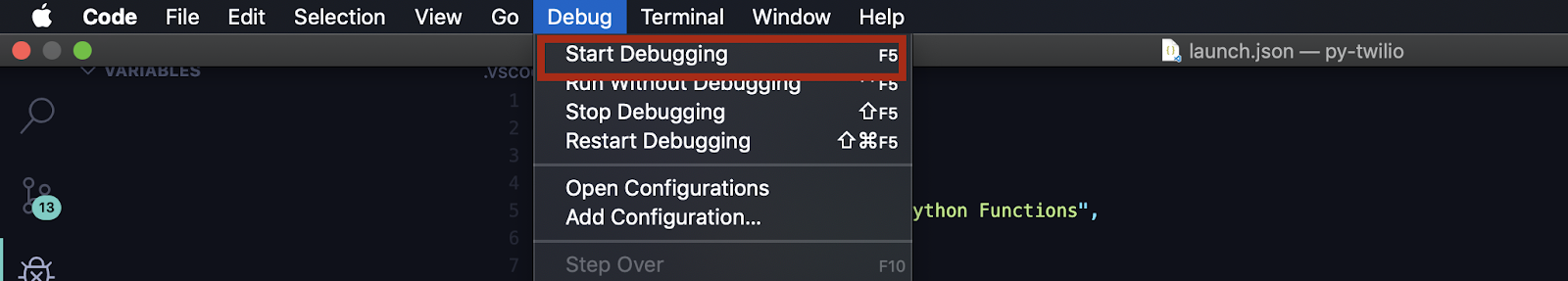 vs code start debugging screenshot
