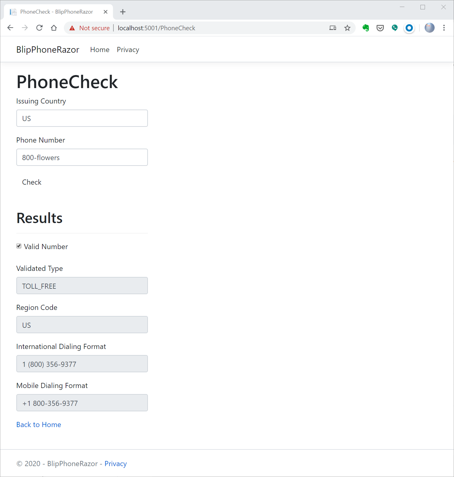 BlipPhoneRazor app PhoneCheck web page showing completed entries