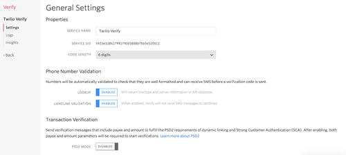 console do Twilio Verify