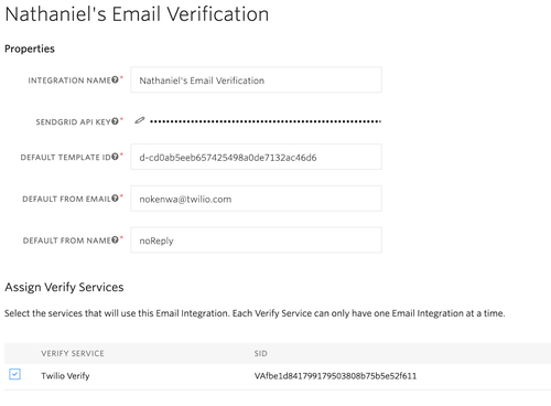 Página de configuração de verificação de e-mail da Twilio
