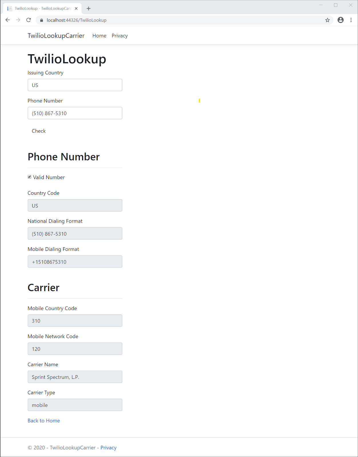 Twilio Lookup application screenshot