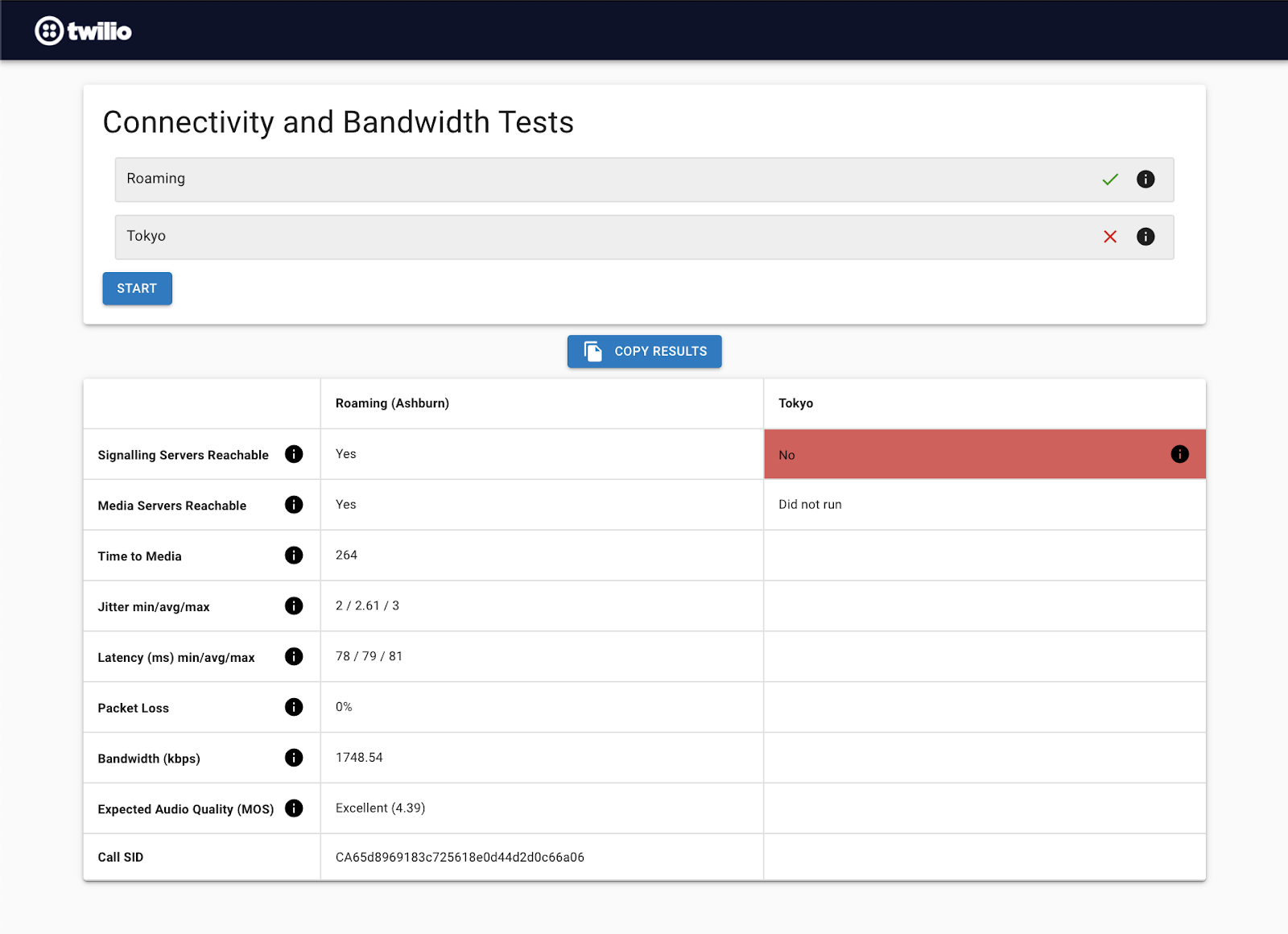 Image shows The Voice Diagnostics Web App after running a test towards Roaming and Tokyo regions