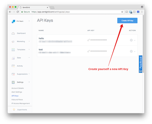 SendGrid API Key button location