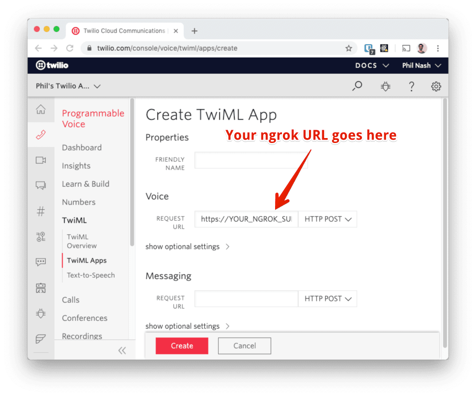 Enter your ngrok URL into the Voice request URL input when you create your TwiML App
