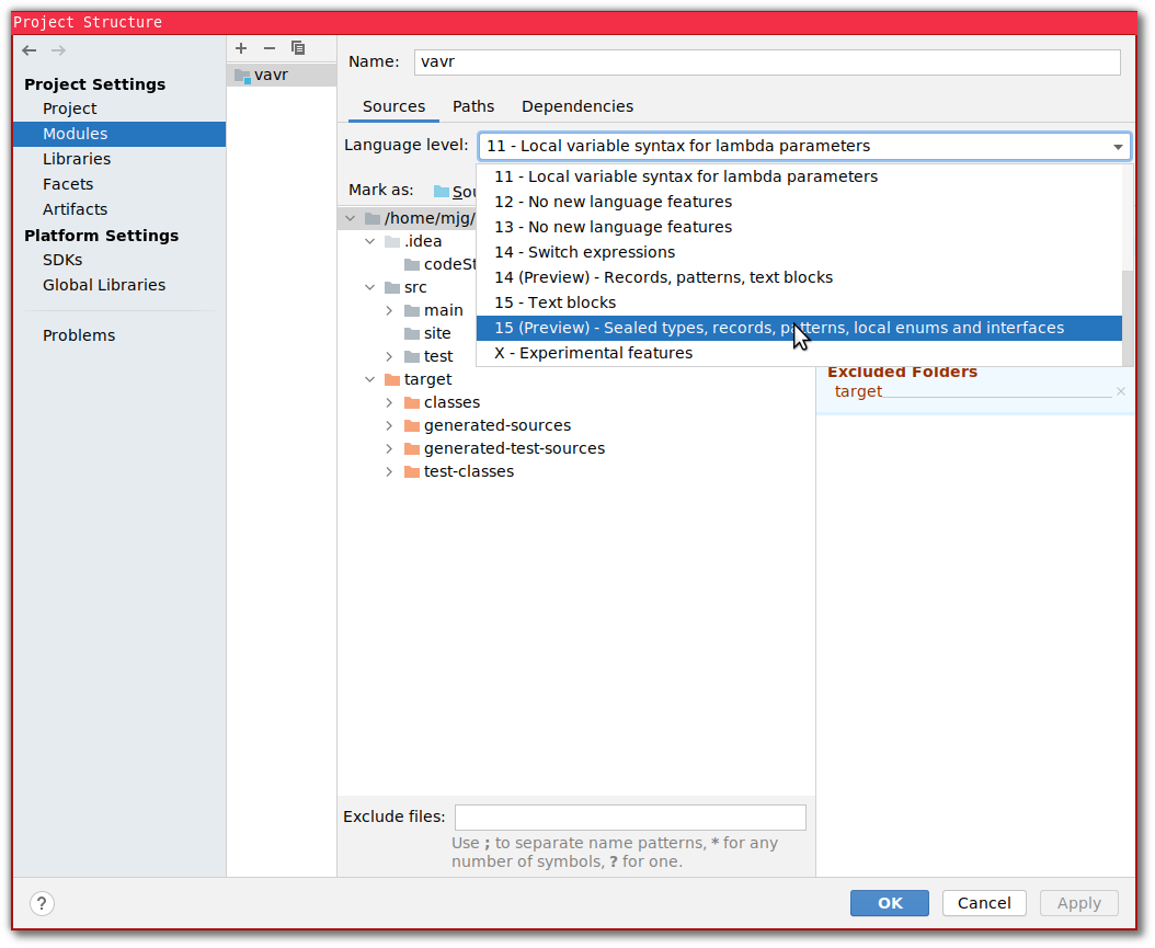 Screenshot of configuring IntelliJ to use 15 (Preview) language features.