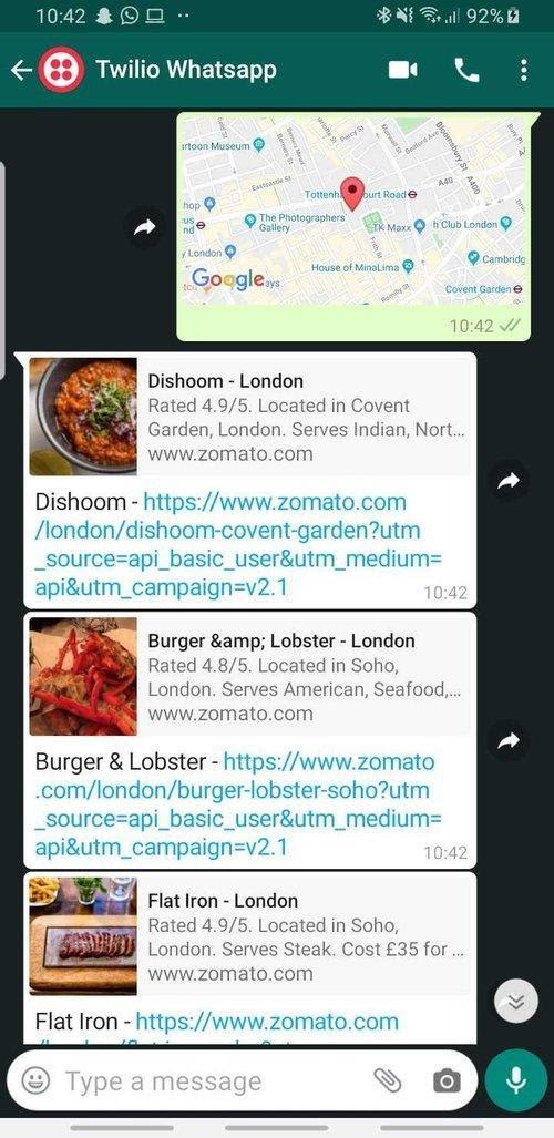 Captura de tela do WhatsApp mostrando respostas com uma lista de restaurantes a uma mensagem com localização geográfica
