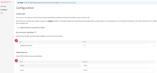 Página de configuração do Twilio Functions