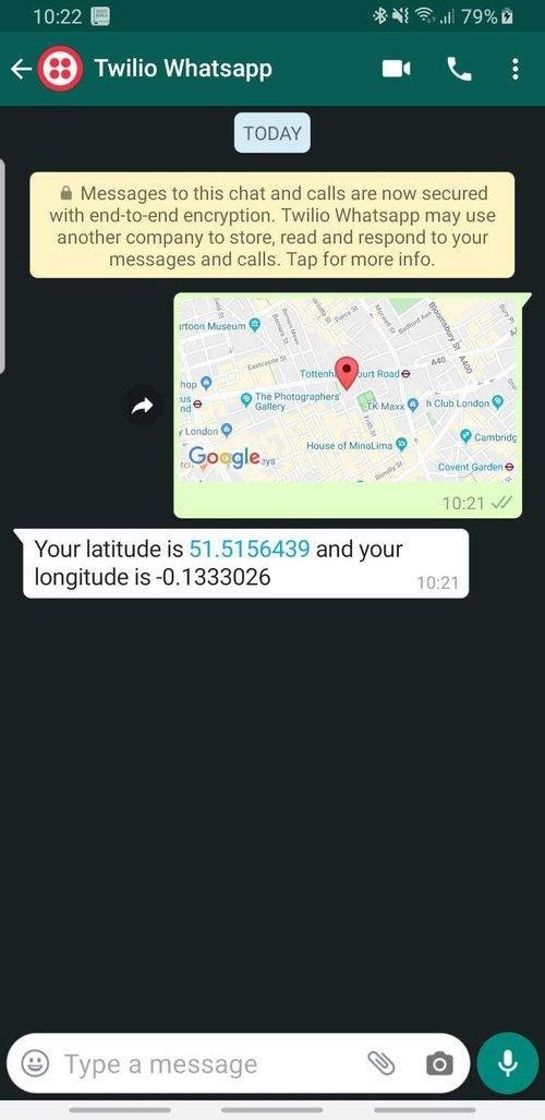 Captura de tela do WhatsApp mostrando uma resposta com coordenadas de latitude e longitude a uma mensagem com localização geográfica