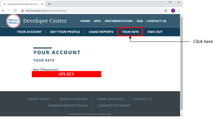 Merriam-Webster's API keys page