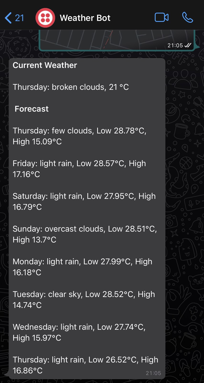 Example Weather Bot response