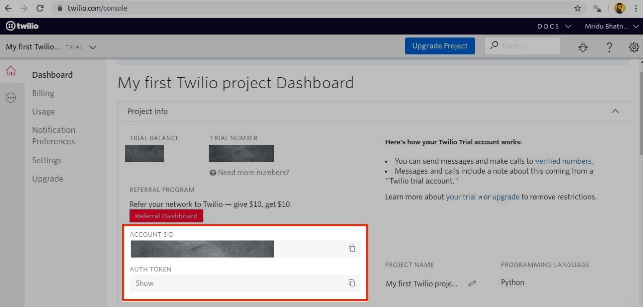 Twilio Account SID and Auth Token