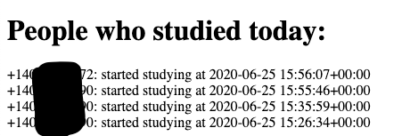 Example web browser view listing phone numbers of people and the time they started studying