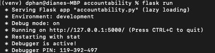 Image depicts the console output for the "flask run" command for the Work Accountability app