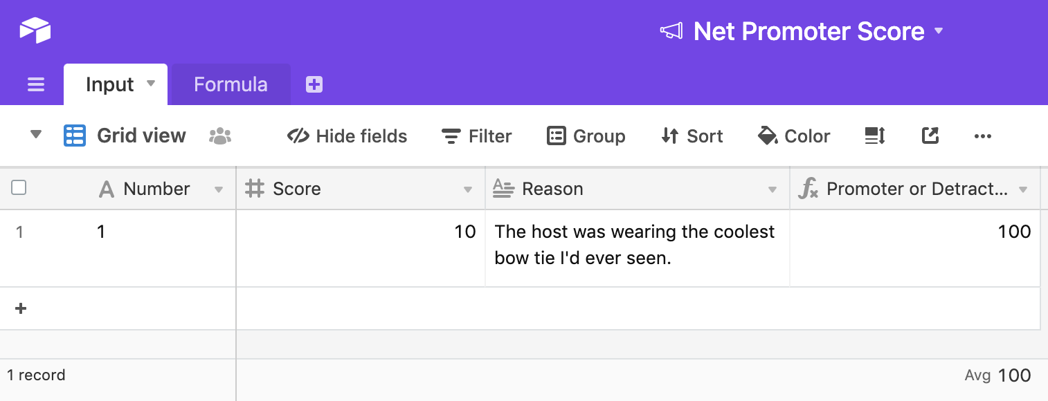 Screenshot of an Airtable base using the schema described in the previous paragraph. There's one field. Number=1, Score=10, Reason="The host was wearing the coolest bow tie I'd ever seen." The calculated NPS value is 100.