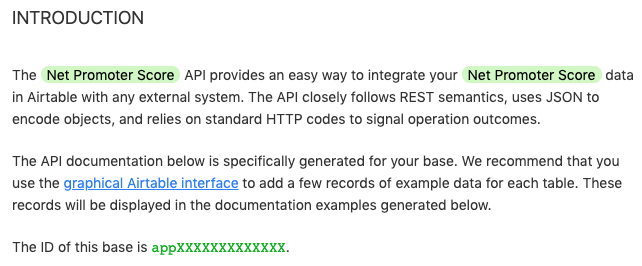 Screenshot of auto-generated Airtable API documentation for the Net Promoter Score base. The section that says "The ID of this base is apXXXXXXXXXXXX" is what we&#39;re after.
