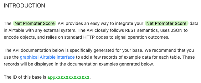 Screenshot of auto-generated Airtable API documentation for the Net Promoter Score base. The section that says "The ID of this base is apXXXXXXXXXXXX" is what we're after.