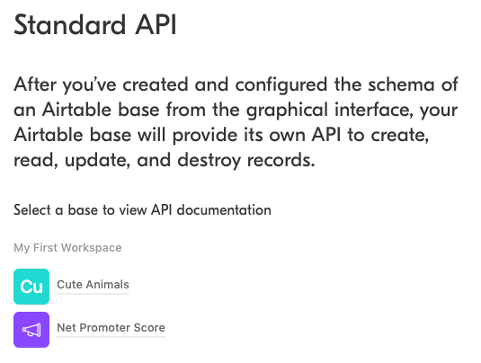 Screenshot of Airtable API&#39;s landing page. There are links to 2 bases: "Cute Animals" and "Net Promoter Score."