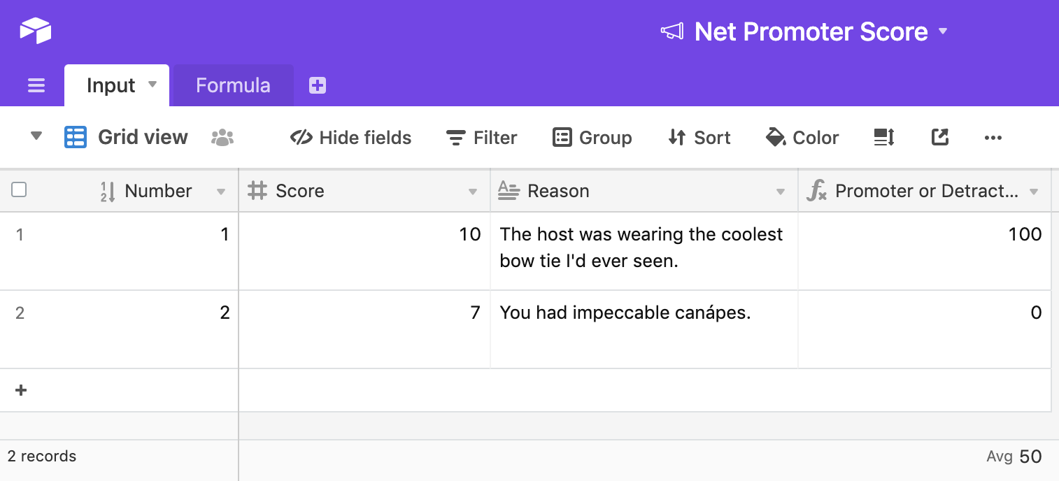 Screenshot of the Net Promoter Score airtable base. Now there is a new row. Number=2, Score=7, Reason="You had impeccable canapes." Calculated NPS score is 50.