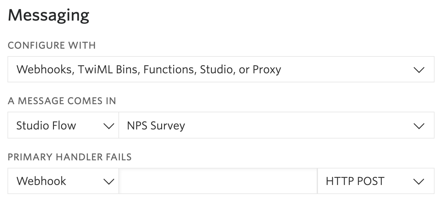 Screenshot of Twilio phone number configuration. Under "Messaging", "Webhooks, TwiML Bins, Functions, Studio, or "Proxy" is selected. When a message comes in, "Studio Flow" and "NPS Survey" are selected.